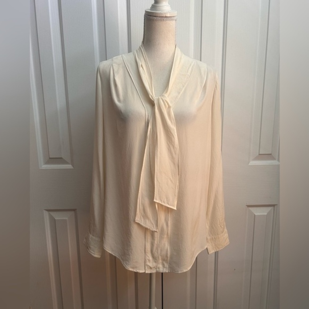 OLSEN EUROPE Women 100% Linen Blouse, Removable Ribbon, Cream, Size S-M/8